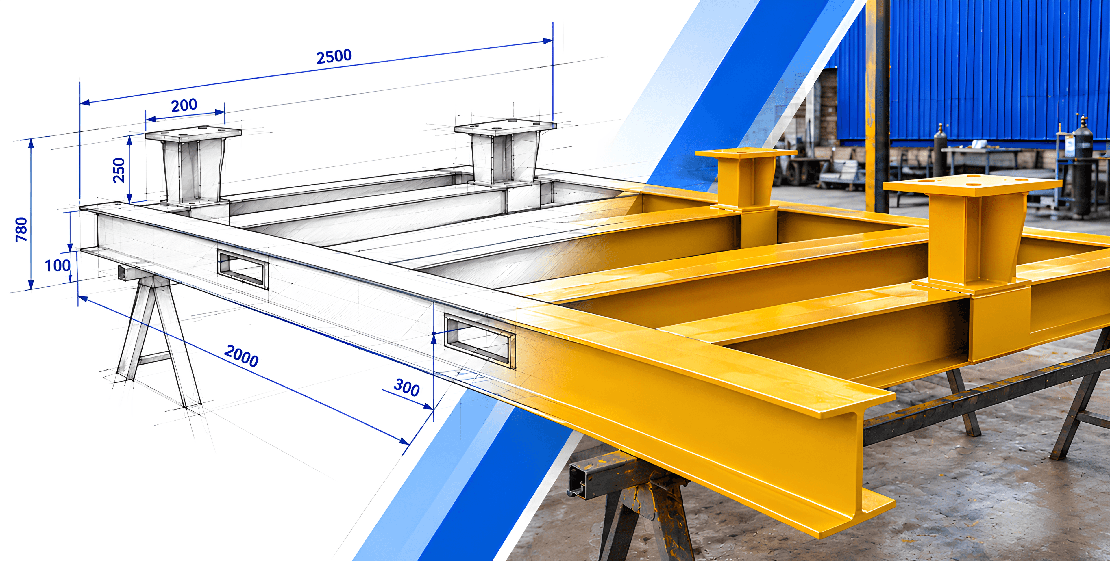 Estructura metálica fabricada por MDN junto a su plano técnico